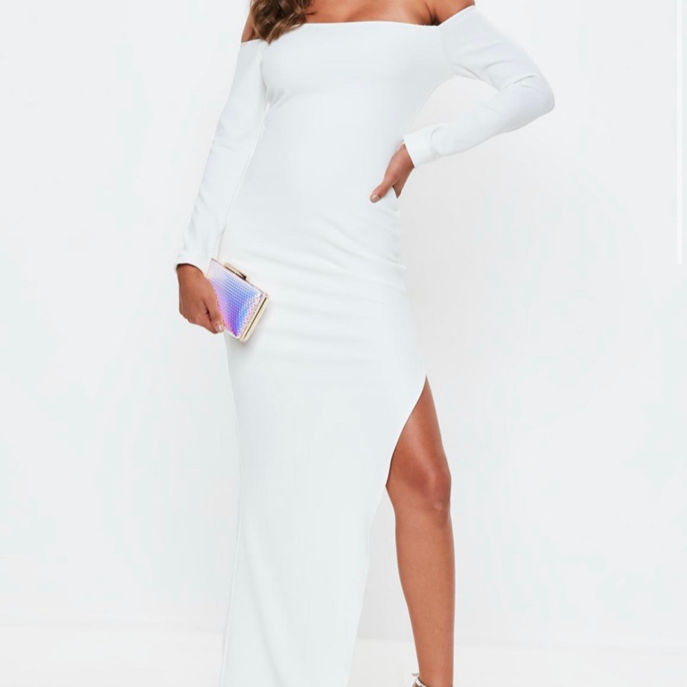 Missguided Off-Shoulder White Maxi Dress with Thigh Slit